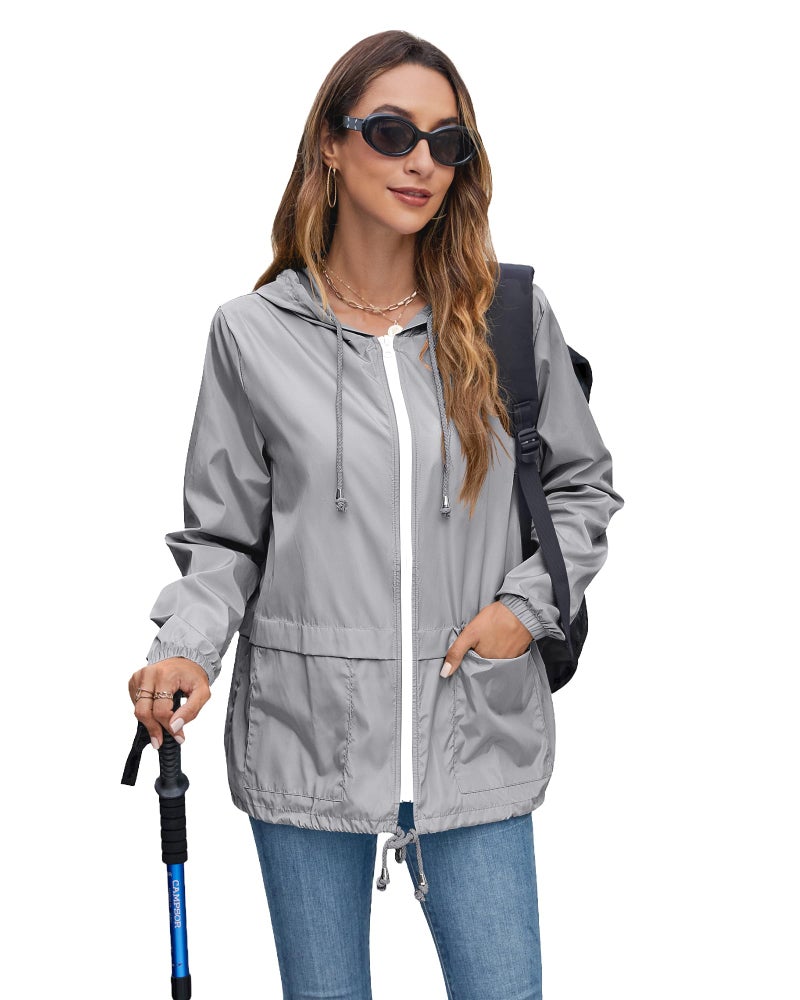 Hount Women's Lightweight Hooded Windbreaker Waterproof Packable Active Outdoor Rain Jacket (L, Gray) - Image 4